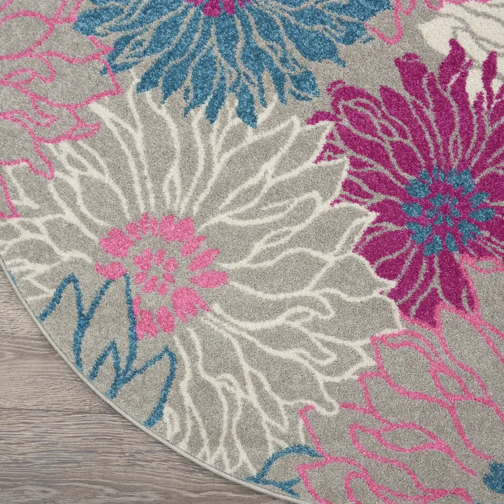 8' Gray Round Floral Dhurrie Area Rug - Homeroots - Flyclothing LLC