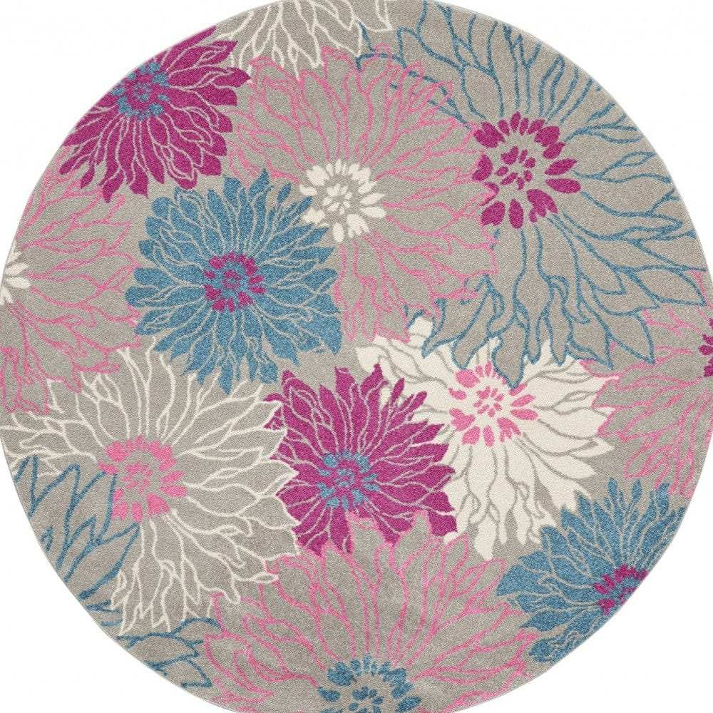 8' Gray Round Floral Dhurrie Area Rug - Homeroots - Flyclothing LLC