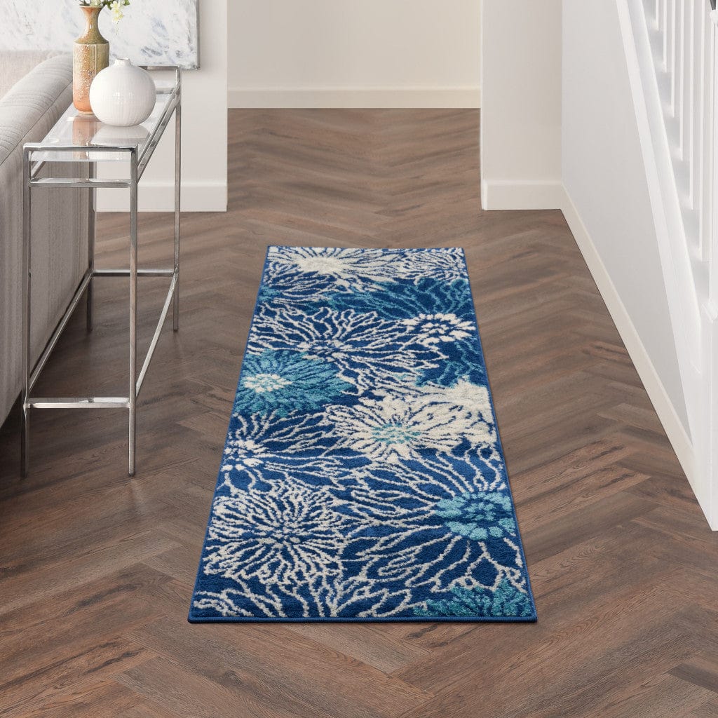6' Blue And Ivory Floral Dhurrie Runner Rug - Homeroots