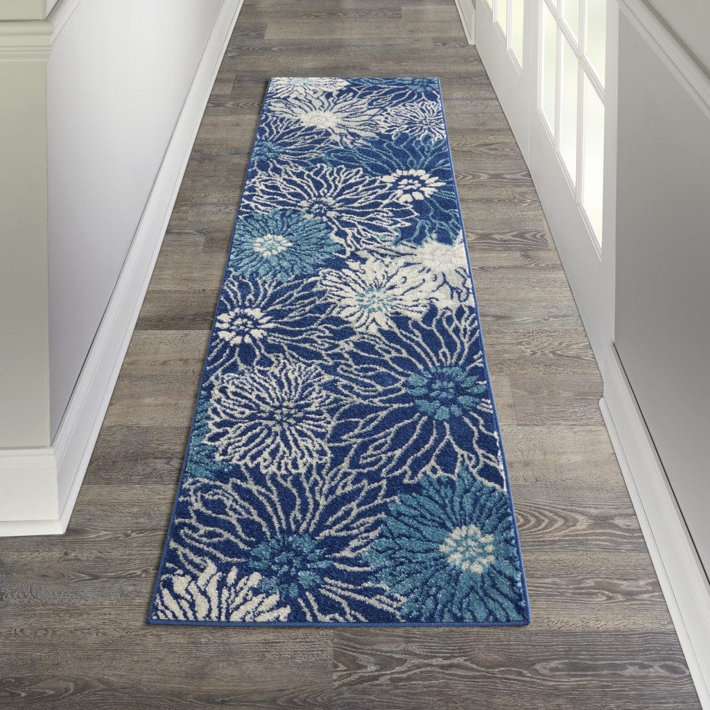 8' Blue And Ivory Floral Power Loom Runner Rug - Homeroots