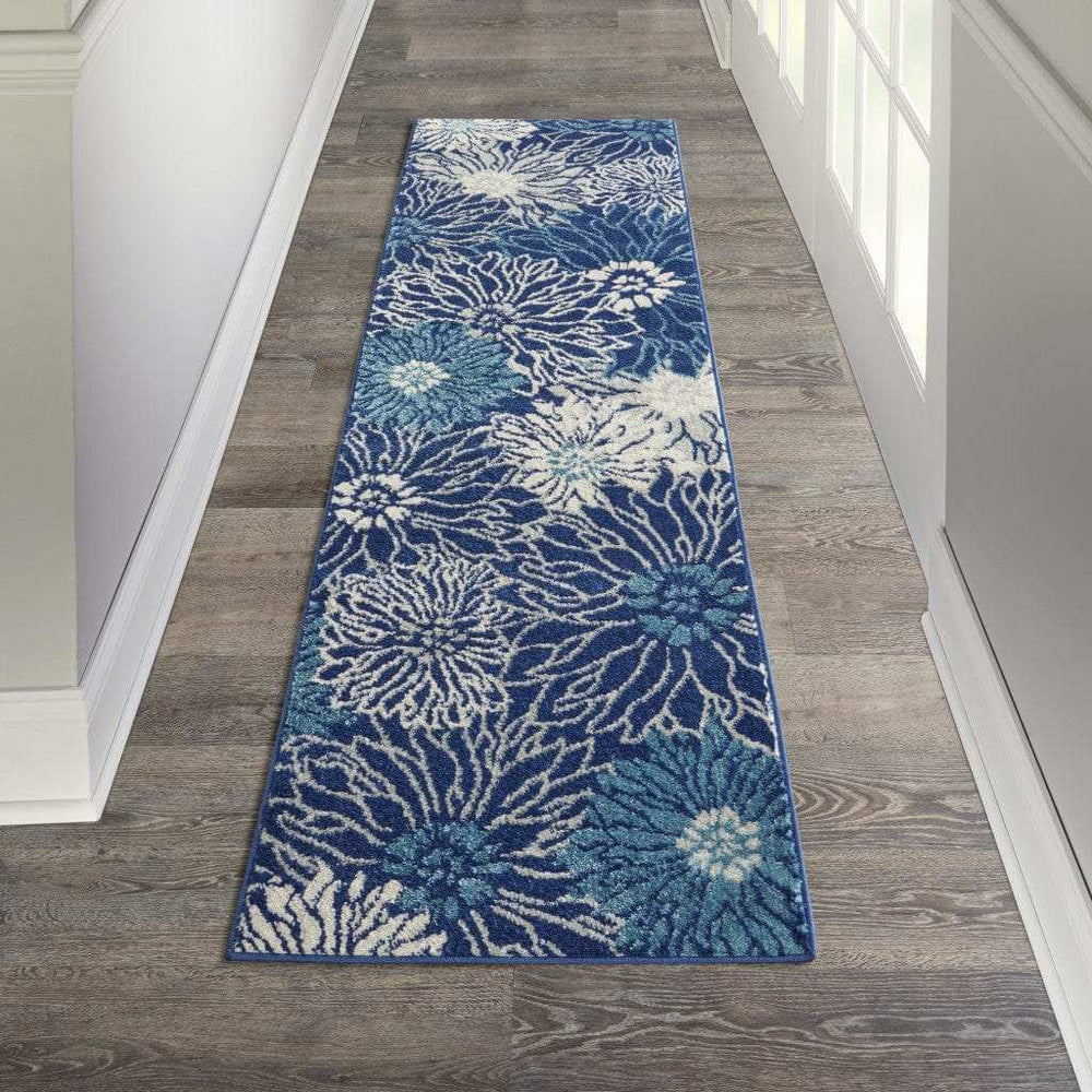 8' Blue And Ivory Floral Power Loom Runner Rug - Homeroots - Flyclothing LLC