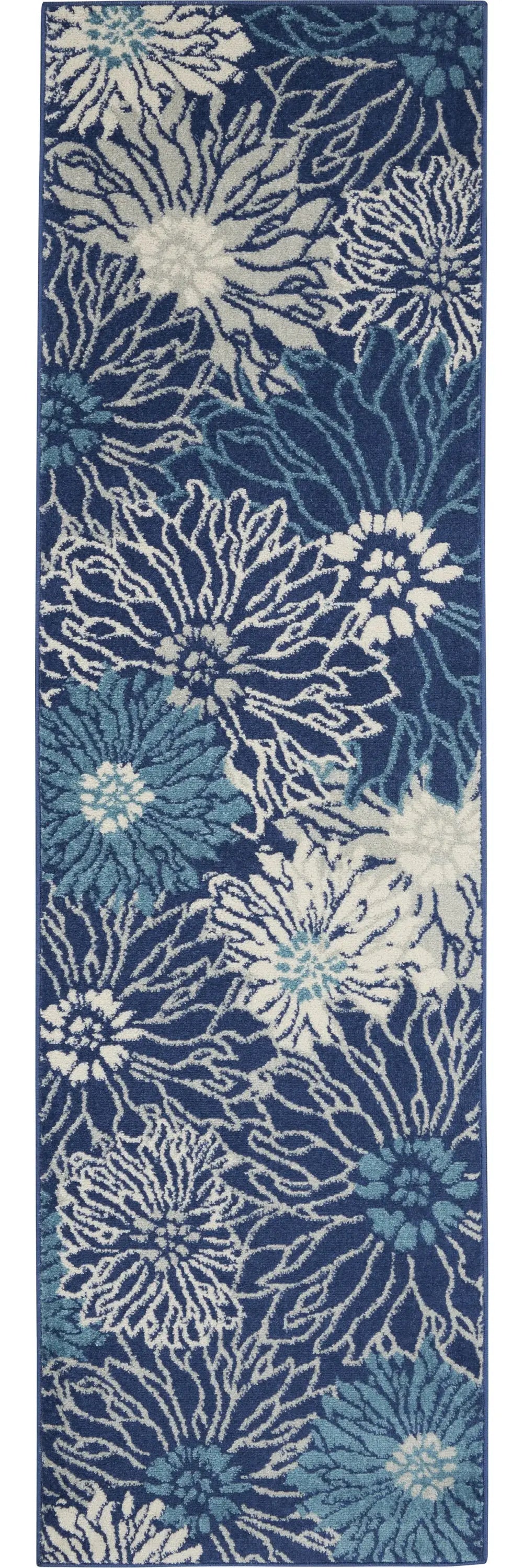 8' Blue And Ivory Floral Power Loom Runner Rug - Homeroots - Flyclothing LLC