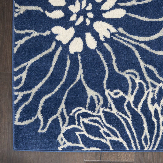 8' Blue And Ivory Floral Power Loom Runner Rug - Homeroots