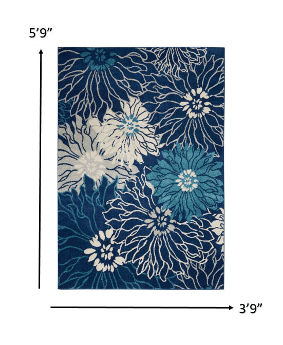 4' X 6' Blue And Ivory Floral Power Loom Area Rug - Homeroots