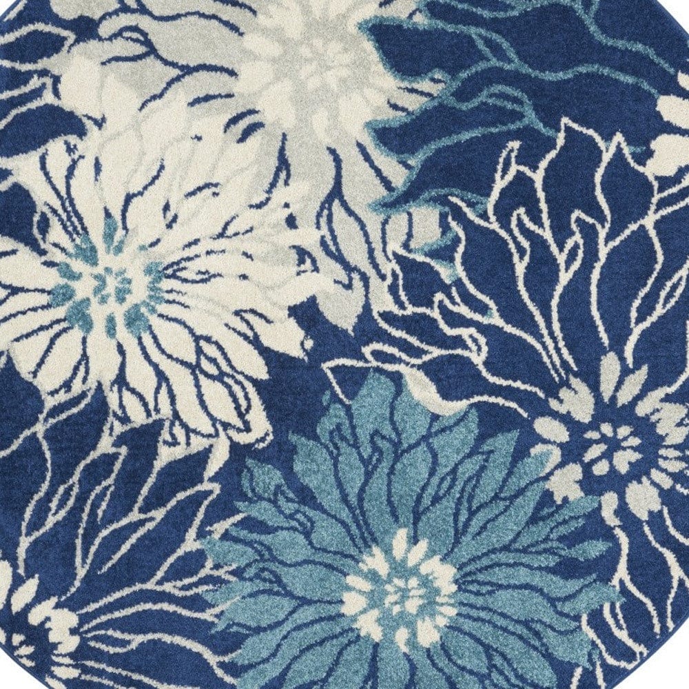 4' Blue And Ivory Round Floral Dhurrie Area Rug - Homeroots