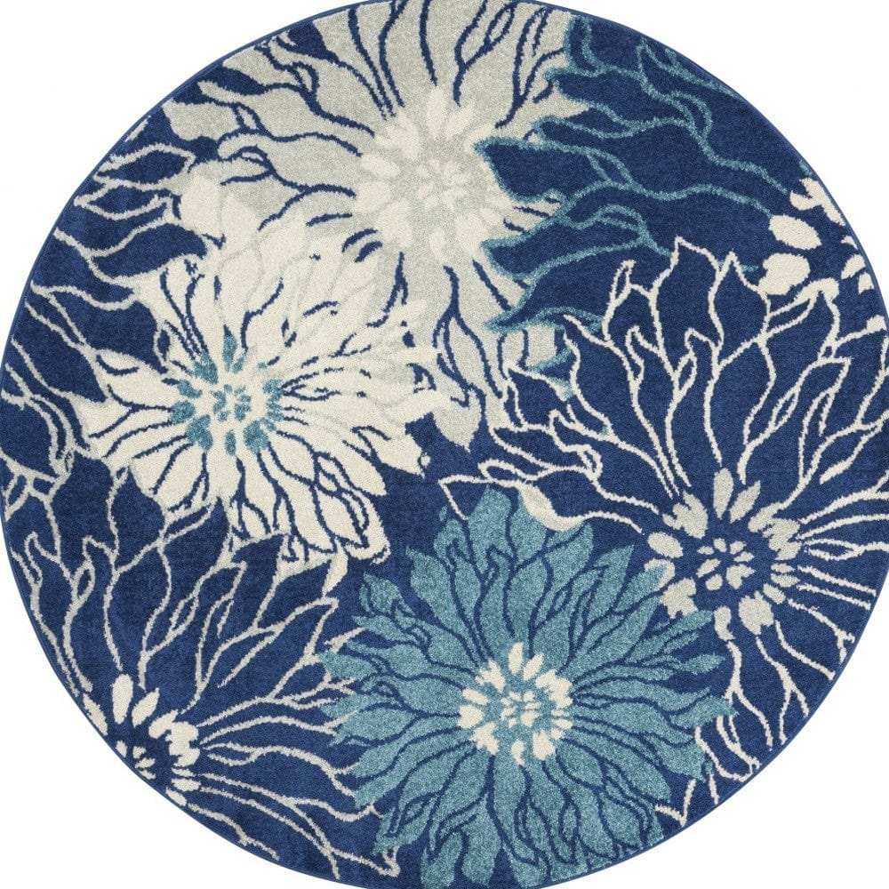 4' Blue And Ivory Round Floral Dhurrie Area Rug - Homeroots - Flyclothing LLC