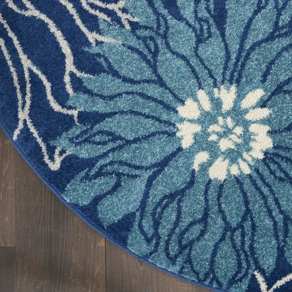 4' Blue And Ivory Round Floral Dhurrie Area Rug - Homeroots - Flyclothing LLC