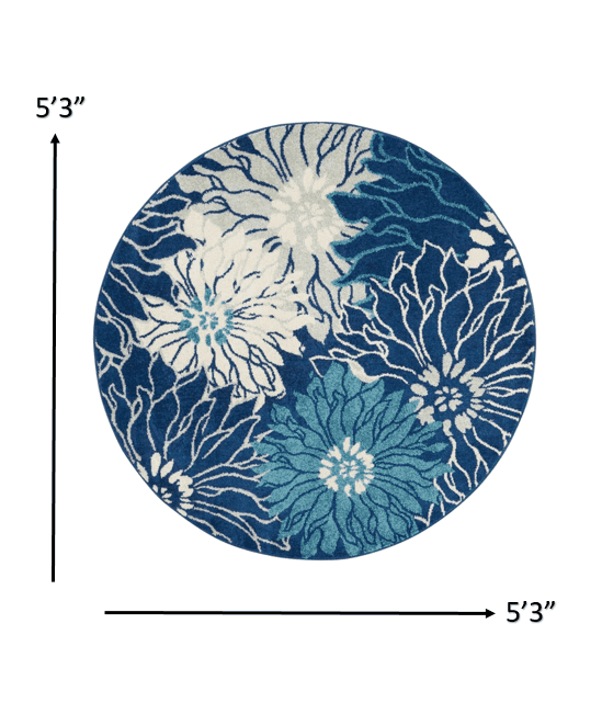 5' Blue And Ivory Round Floral Dhurrie Area Rug - Homeroots - Flyclothing LLC