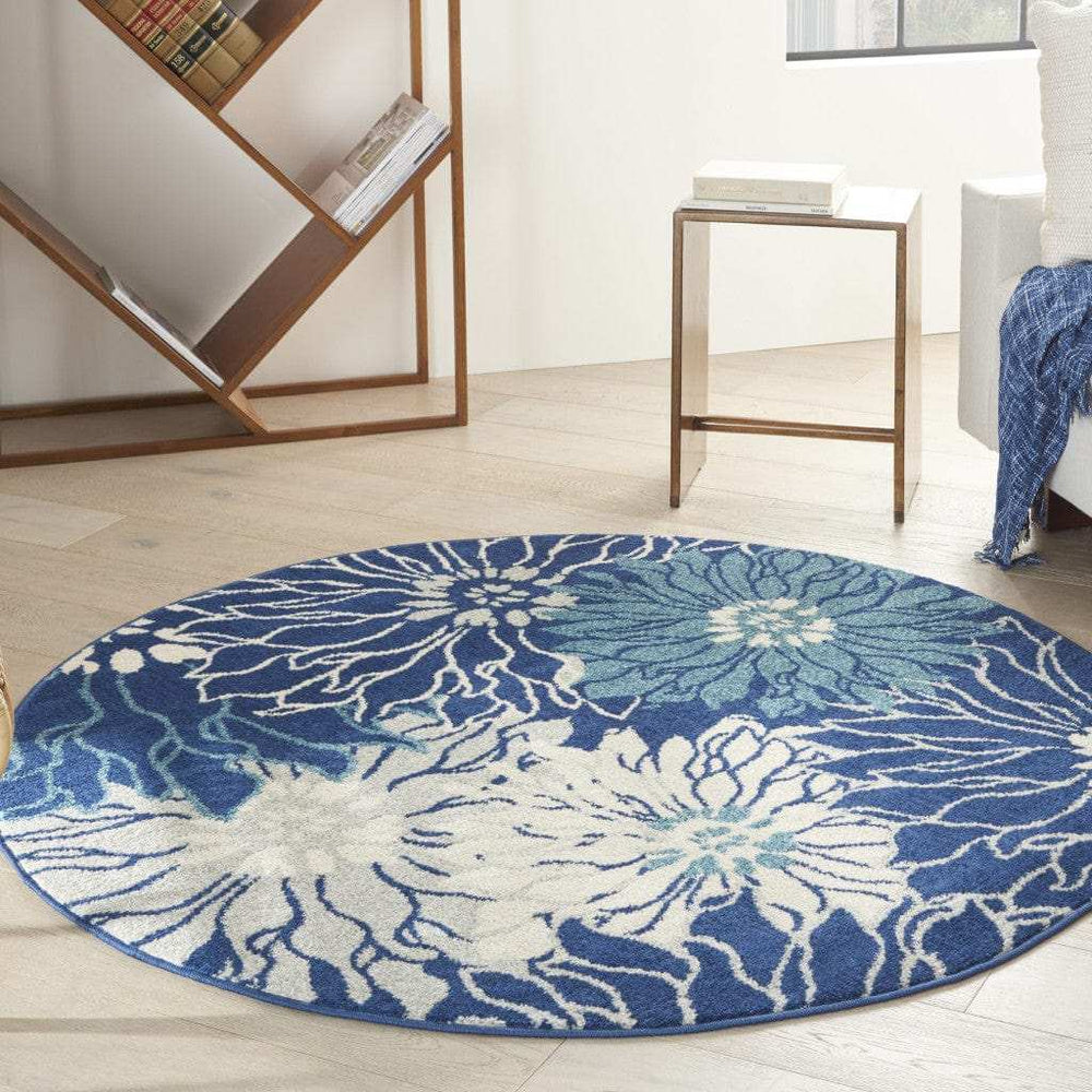 5' Blue And Ivory Round Floral Dhurrie Area Rug - Homeroots - Flyclothing LLC