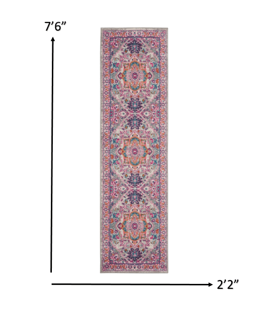8' Pink And Gray Power Loom Runner Rug - Homeroots
