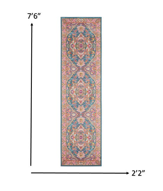 8' Teal Blue Power Loom Runner Rug - Homeroots