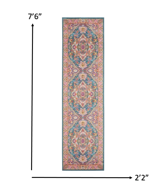 8' Teal Blue Power Loom Runner Rug - Homeroots