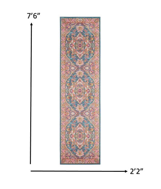 8' Teal Blue Power Loom Runner Rug - Homeroots