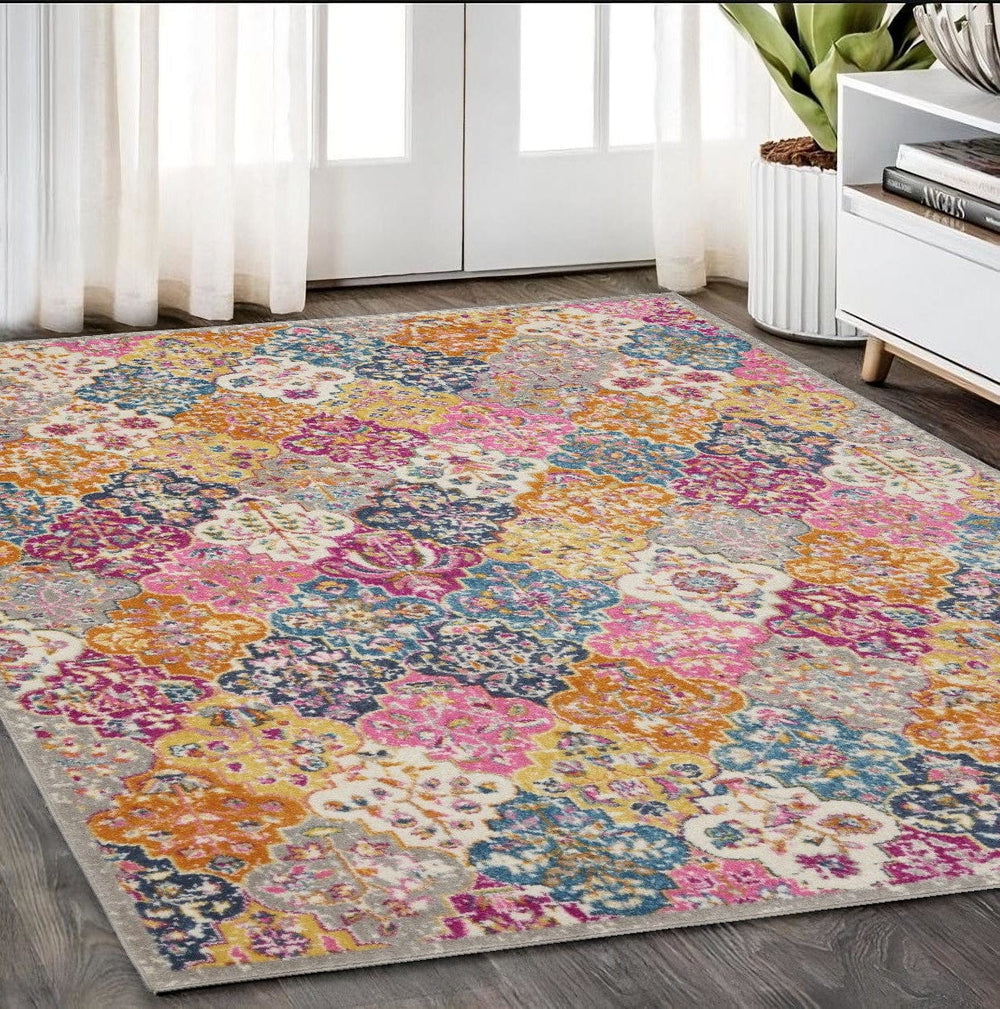 5' X 7' Pink And Gray Geometric Dhurrie Area Rug - Homeroots