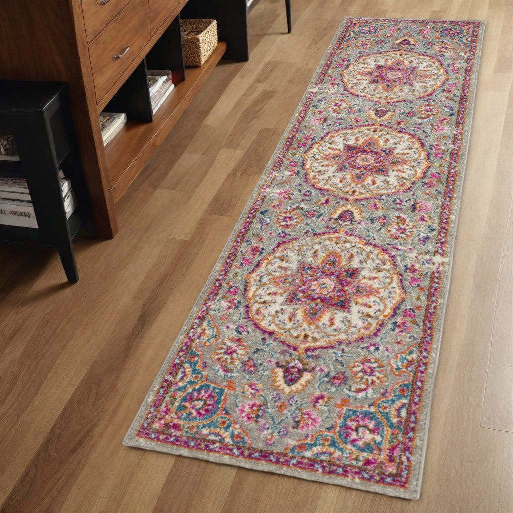 6' Pink And Gray Power Loom Runner Rug - Homeroots