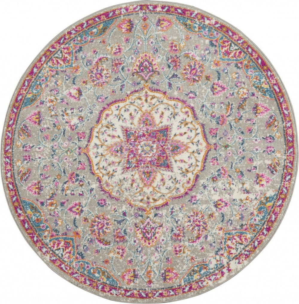 4' Pink And Gray Round Power Loom Area Rug - Homeroots