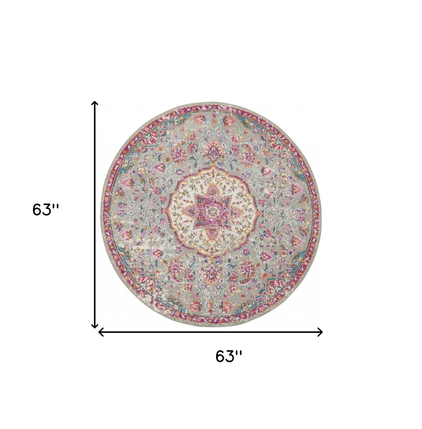5' Gray and Pink Round Medallion Power Loom Area Rug - Homeroots - Flyclothing LLC