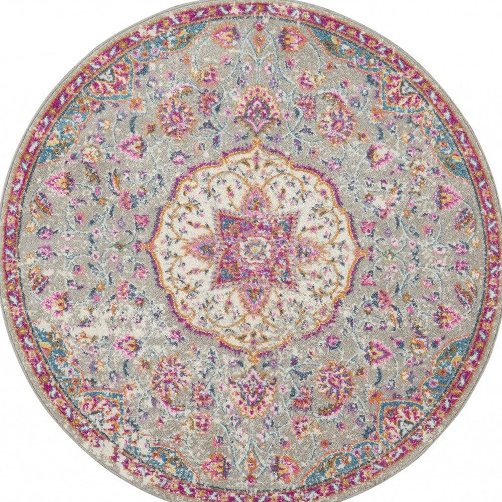 5' Gray and Pink Round Medallion Power Loom Area Rug - Homeroots