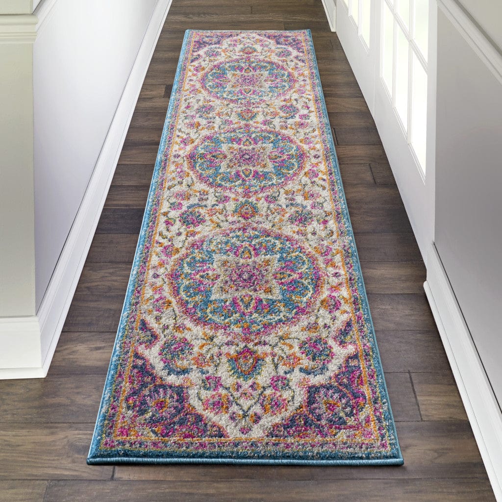 8' Pink And Green Dhurrie Runner Rug - Homeroots