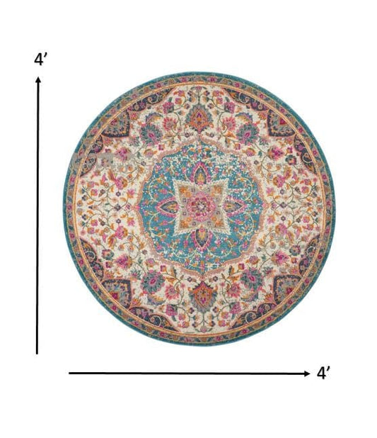 4' Pink And Green Round Dhurrie Area Rug - Homeroots