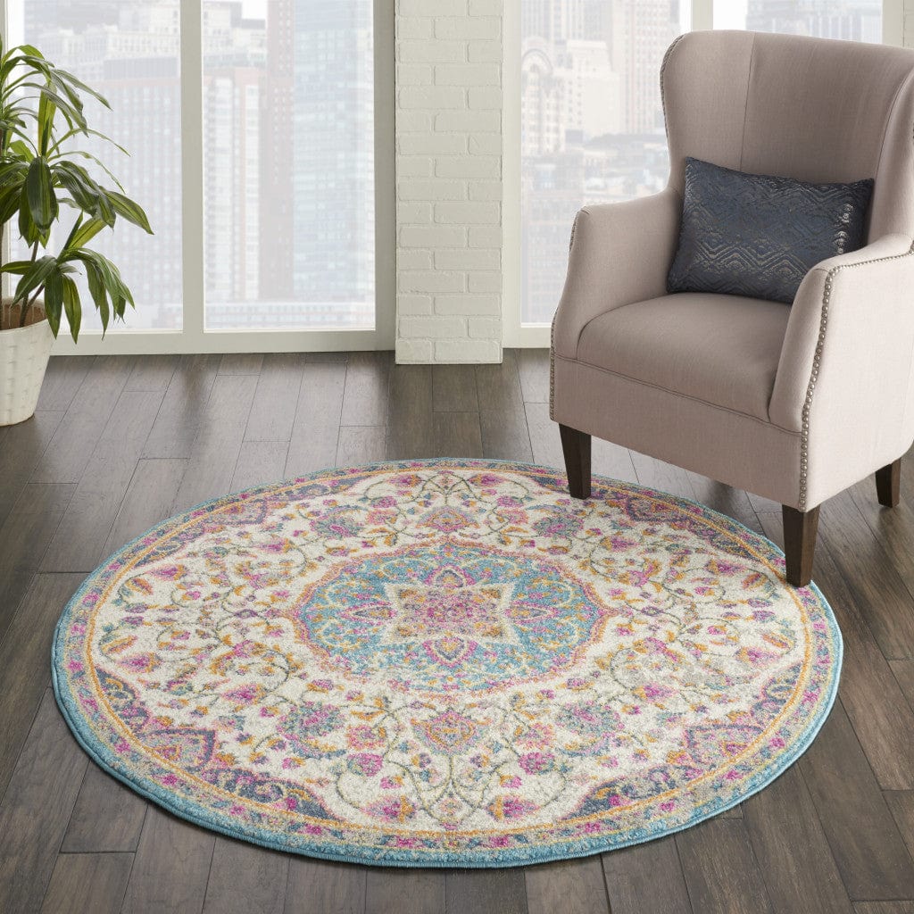 5' Pink And Green Round Dhurrie Area Rug - Homeroots