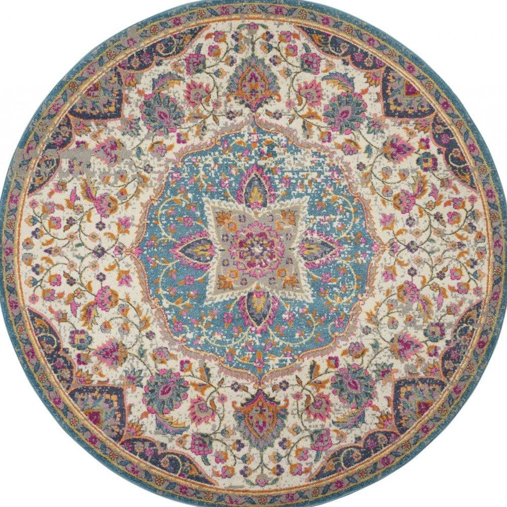 5' Pink And Green Round Dhurrie Area Rug - Homeroots