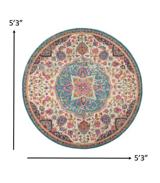 5' Pink And Green Round Dhurrie Area Rug - Homeroots