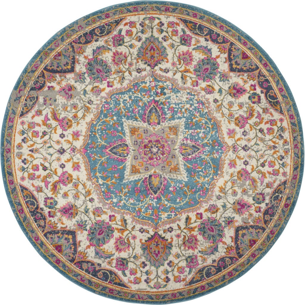 8' Pink And Green Round Dhurrie Area Rug - Homeroots