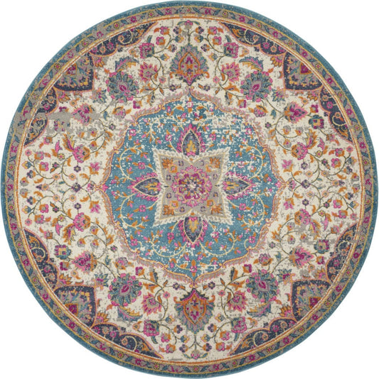 8' Pink And Green Round Dhurrie Area Rug - Homeroots