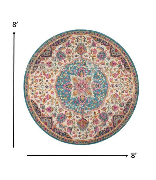 8' Pink And Green Round Dhurrie Area Rug - Homeroots
