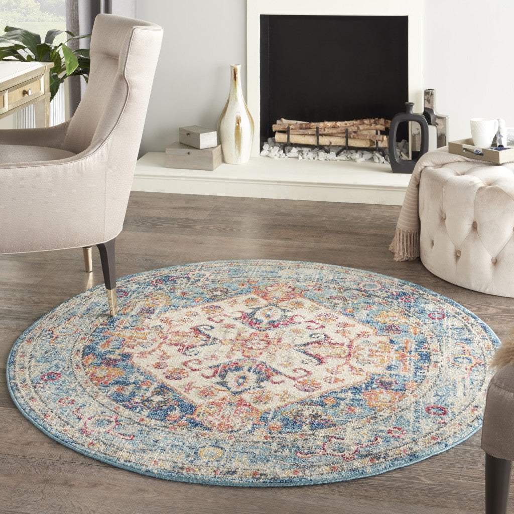 4' Blue And Ivory Round Power Loom Area Rug - Homeroots - Flyclothing LLC