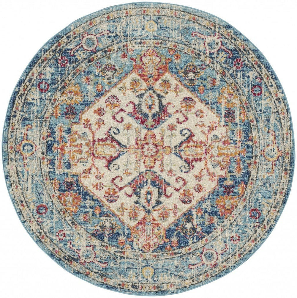4' Blue And Ivory Round Power Loom Area Rug - Homeroots