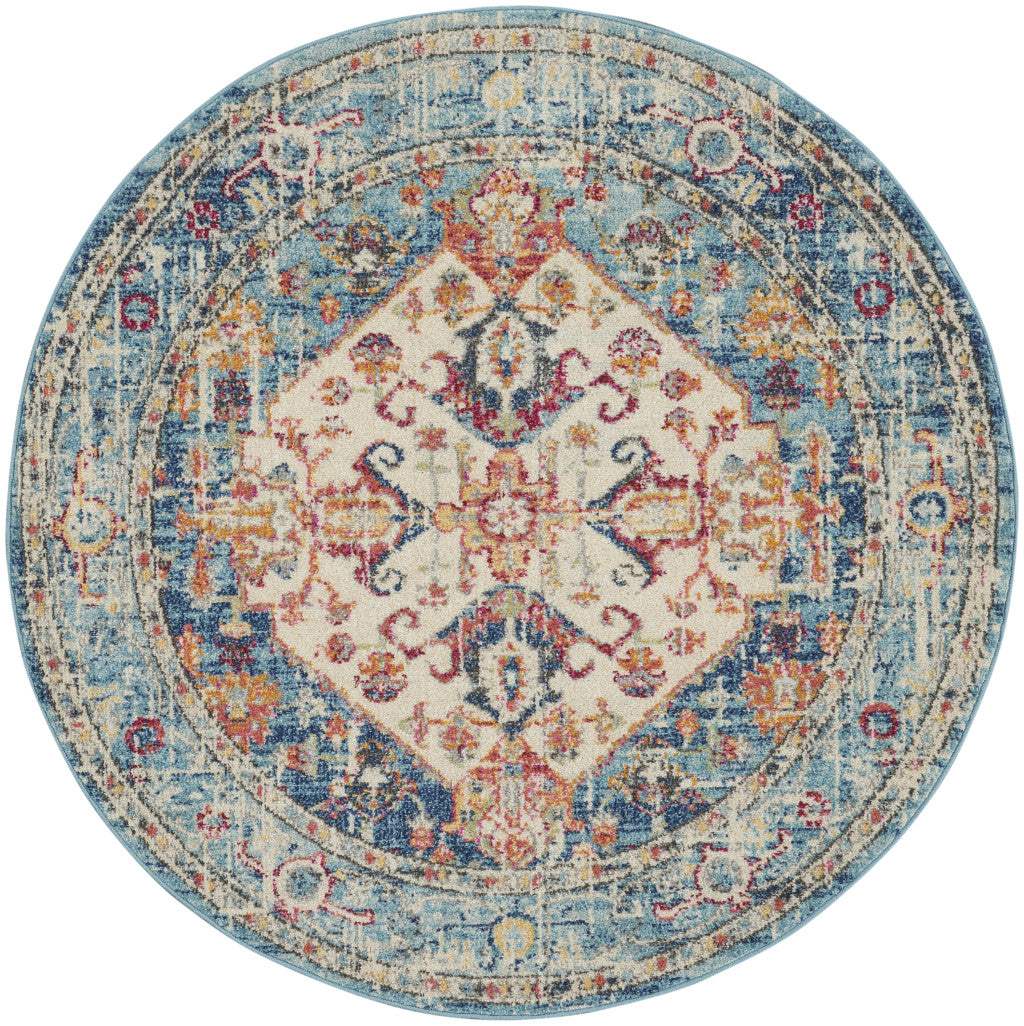 4' Blue And Ivory Round Power Loom Area Rug - Homeroots - Flyclothing LLC