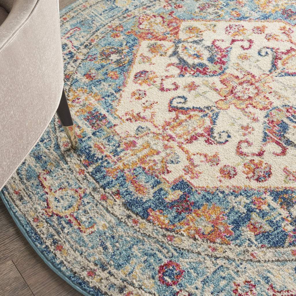 5' Blue And Ivory Round Power Loom Area Rug - Homeroots - Flyclothing LLC