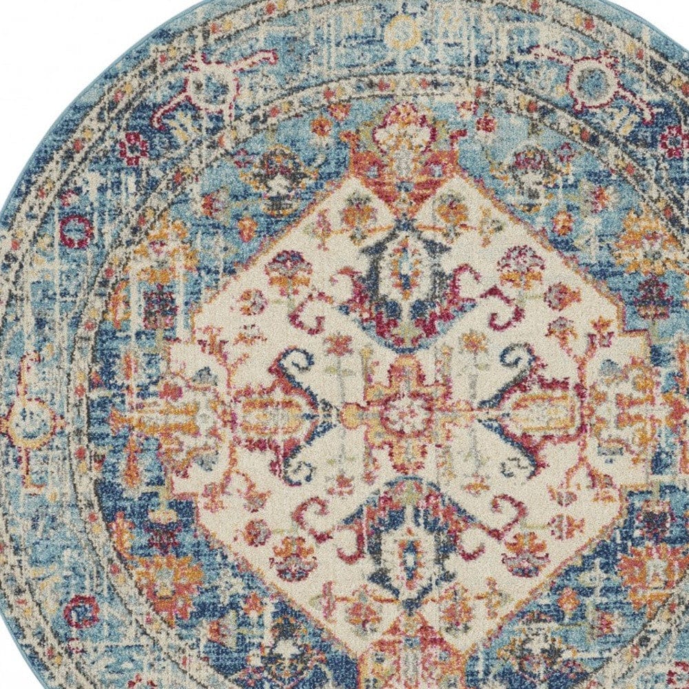 5' Blue And Ivory Round Power Loom Area Rug - Homeroots