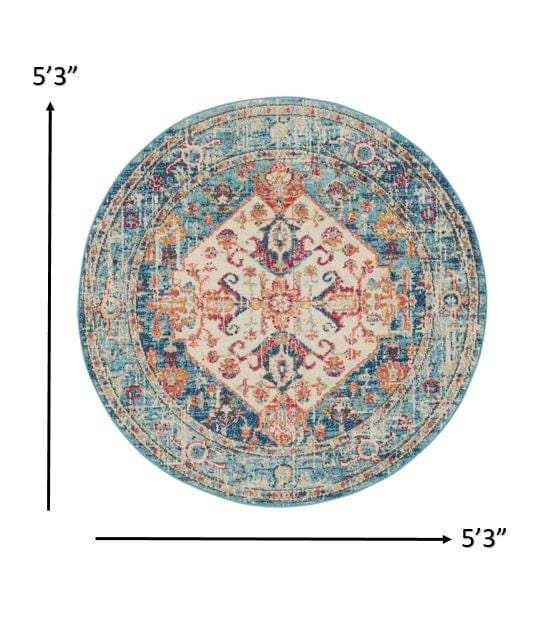 5' Blue And Ivory Round Power Loom Area Rug - Homeroots - Flyclothing LLC