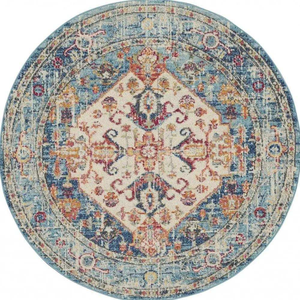 5' Blue And Ivory Round Power Loom Area Rug - Homeroots - Flyclothing LLC