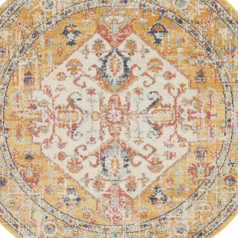 4' Yellow And Ivory Round Dhurrie Area Rug - Homeroots