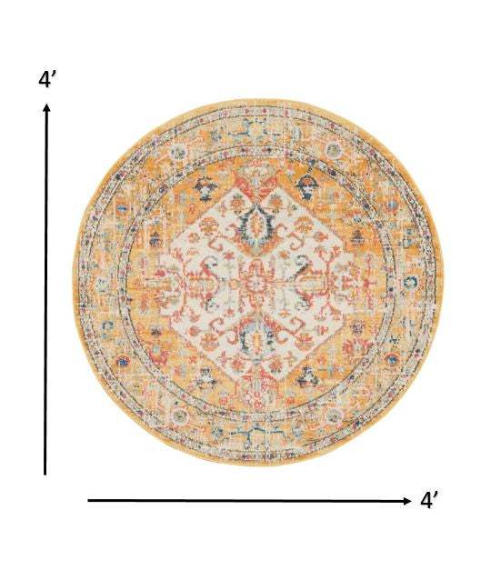 4' Yellow And Ivory Round Dhurrie Area Rug - Homeroots - Flyclothing LLC