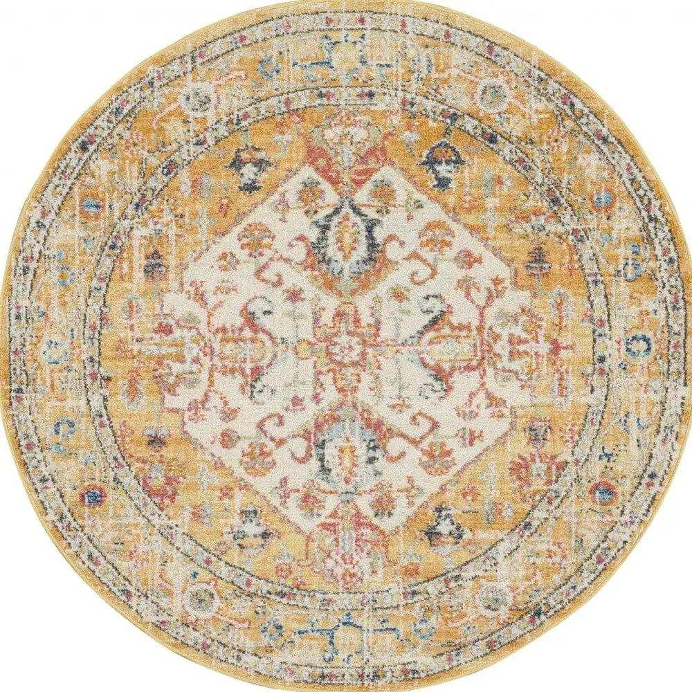 4' Yellow And Ivory Round Dhurrie Area Rug - Homeroots - Flyclothing LLC