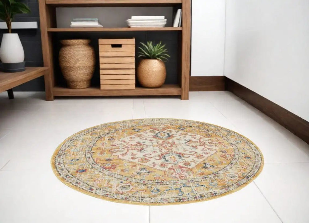 5' Yellow and Ivory Round Floral Medallion Shag Area Rug - Homeroots