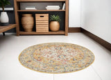 5' Yellow and Ivory Round Floral Medallion Shag Area Rug - Homeroots