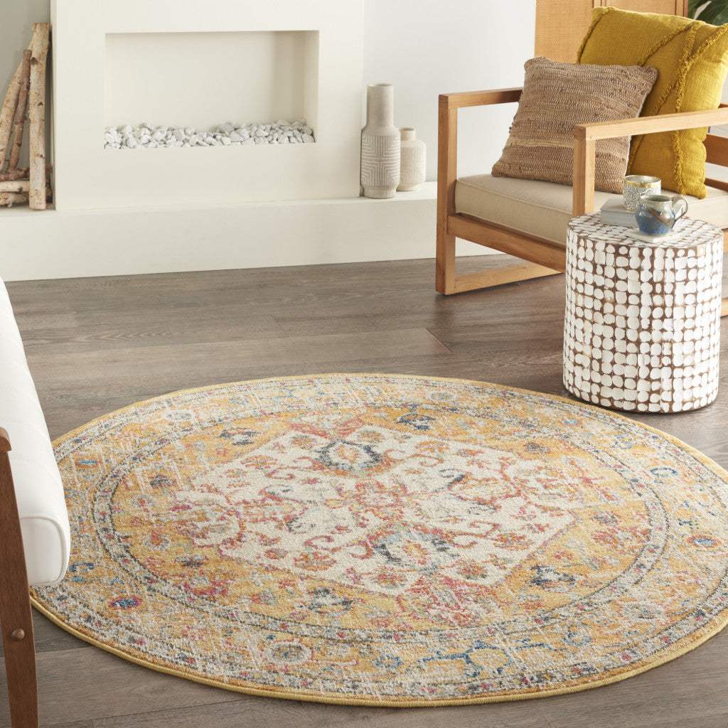 5' Yellow and Ivory Round Floral Medallion Shag Area Rug - Homeroots - Flyclothing LLC