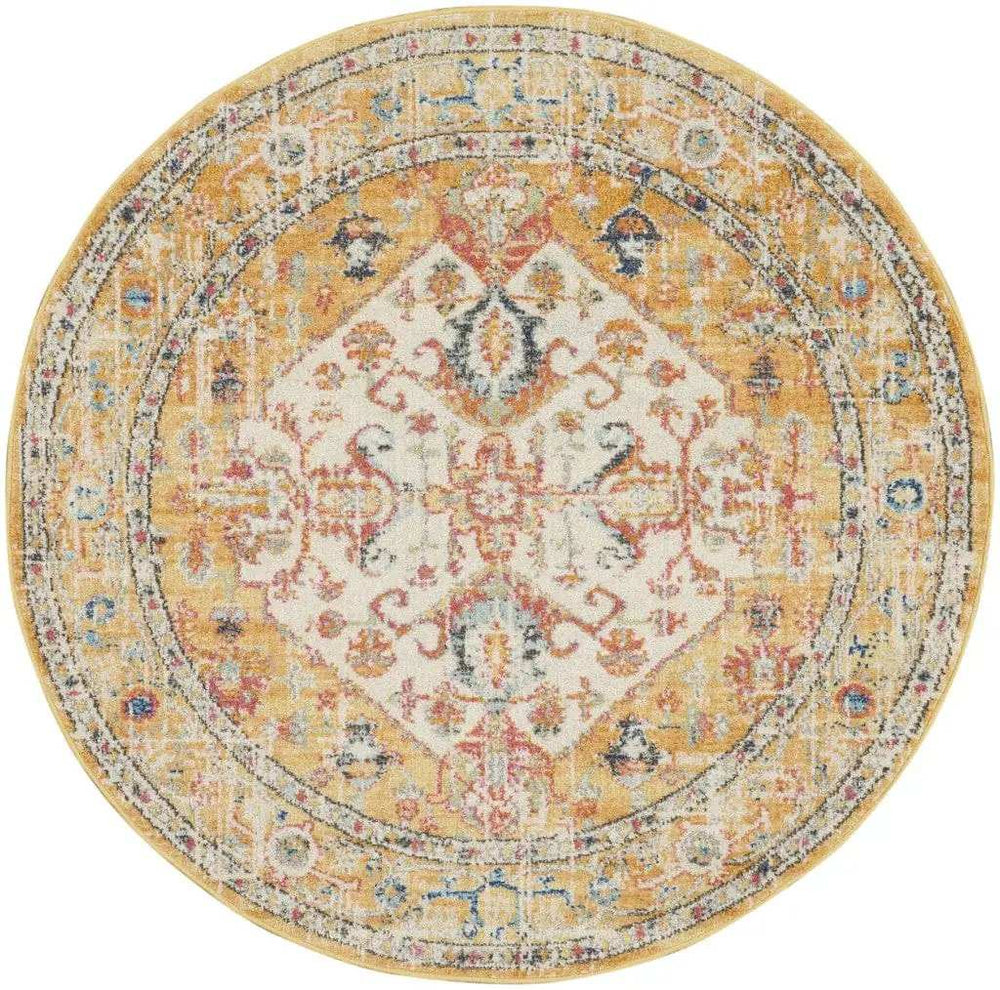 5' Yellow and Ivory Round Floral Medallion Shag Area Rug - Homeroots - Flyclothing LLC