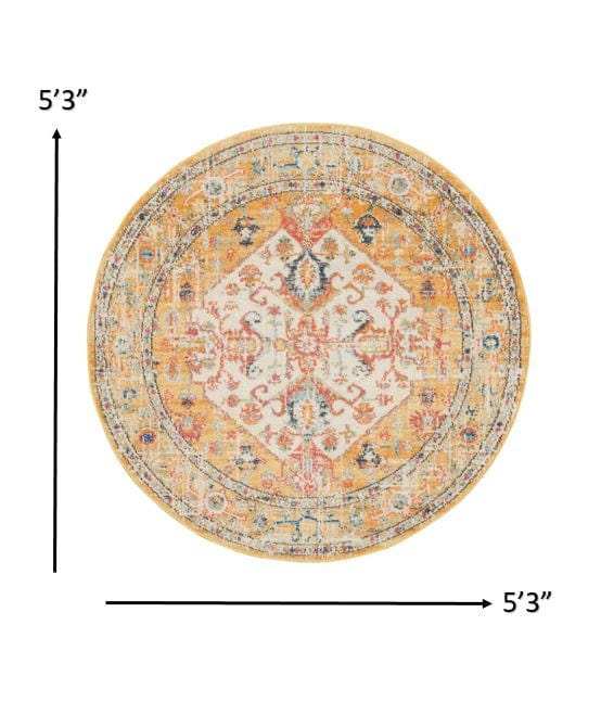 5' Yellow and Ivory Round Floral Medallion Shag Area Rug - Homeroots - Flyclothing LLC