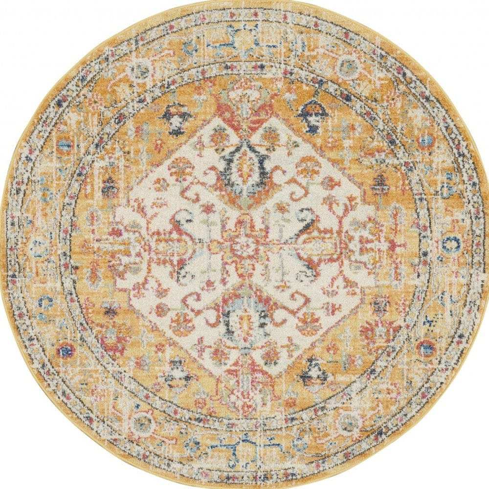 5' Yellow and Ivory Round Floral Medallion Shag Area Rug - Homeroots - Flyclothing LLC