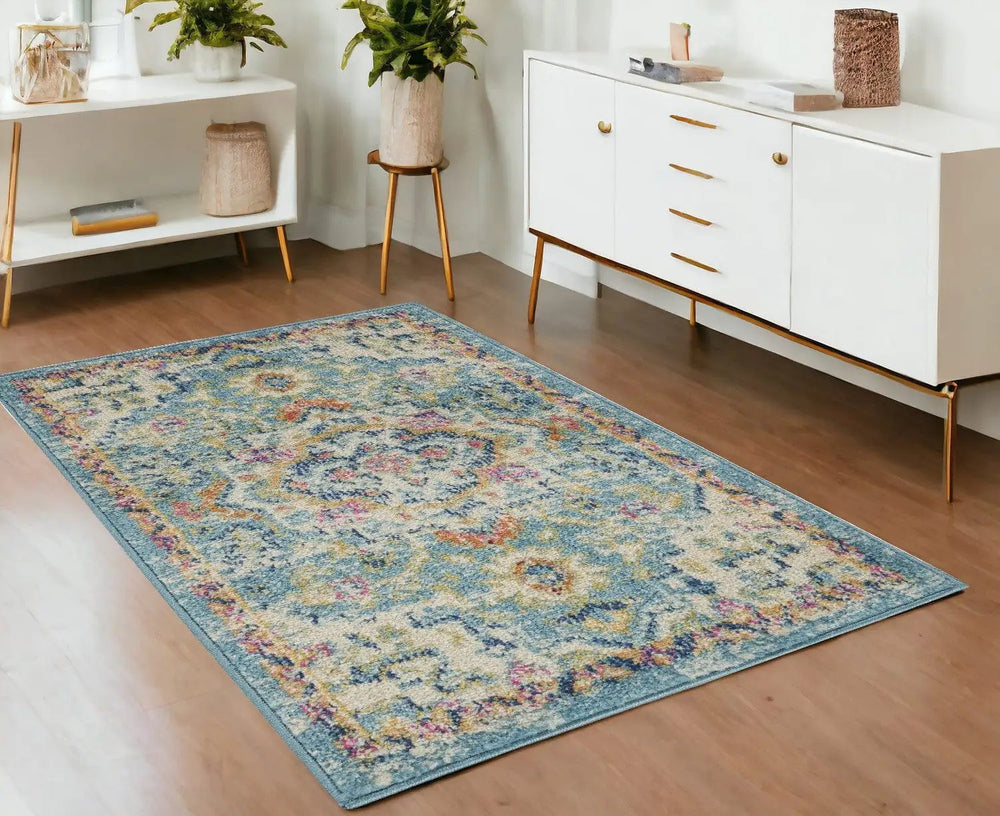 4' X 6' Blue And Ivory Dhurrie Area Rug - Homeroots