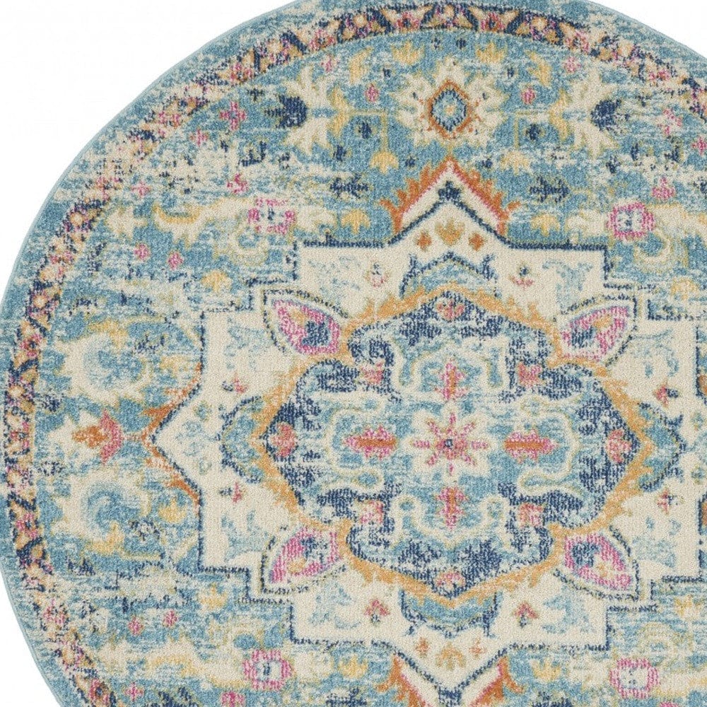 5' Blue And Ivory Round Dhurrie Area Rug - Homeroots