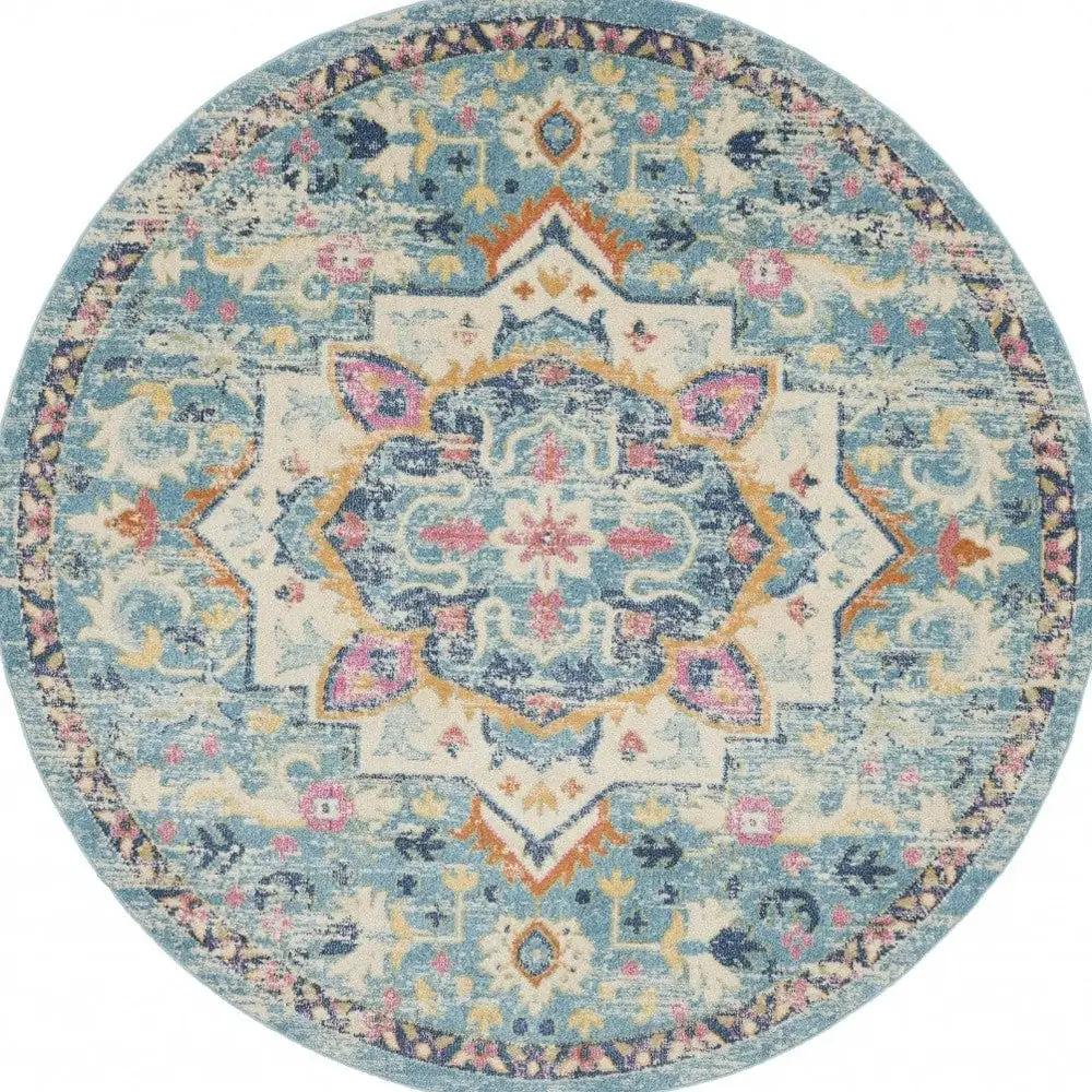 8' Blue And Ivory Round Dhurrie Area Rug - Homeroots