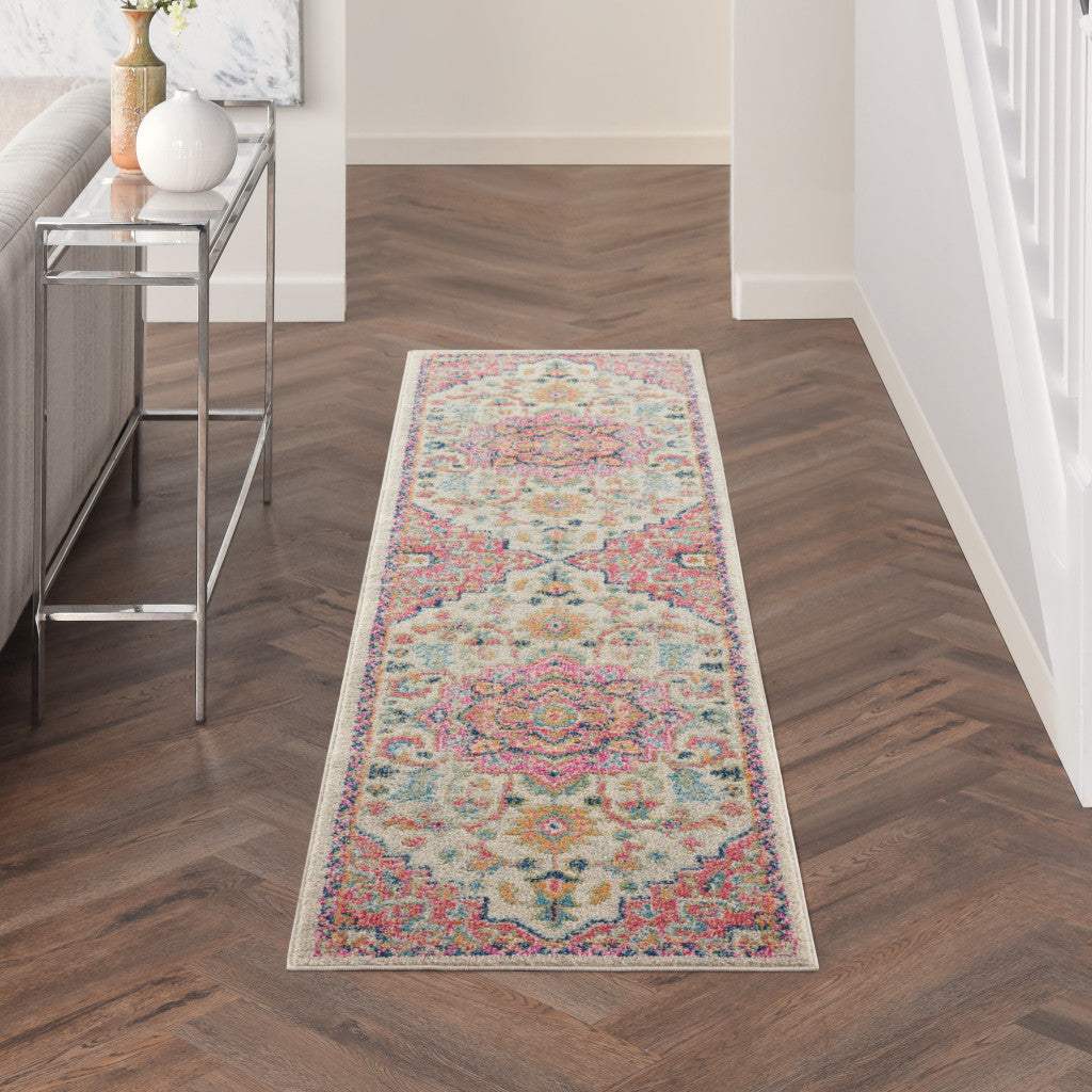 8' Pink And Ivory Southwestern Dhurrie Runner Rug - Homeroots - Flyclothing LLC